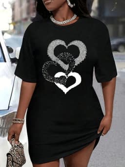 Ladies' Spring and Summer Casual Loose Plus Size Bee Bow Pattern Printed Round Neck Short Sleeved T-Shirt Dress