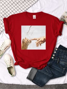 T Shirt Funny Cute Cat And Manpower Printed Womens T-Shirt Kawaii Fashion Woman Clothes Oversized Harajuku Tshirt For Women's