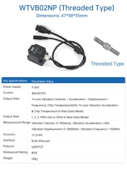 WitMotion WTVB01-485 Arduino Vibration Sensor,3axis IP68 Modbus Vibration Analyzer(Vibration Acceleration/Speed)for PLC & Python