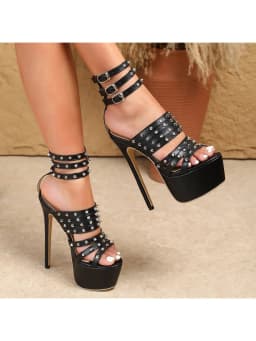 Unisex Big Size 42 Sexy Rivets Super High Heels Ankle Strap Platform Sandals Women Punk Black Party Shoes Stiletto Valentines