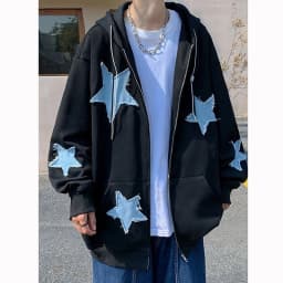 Men's Star Patch Zip Up Hoodie for Men Oversized Y2k Sweatshirt Jacket E-Girl 90s Pullover Streetwear