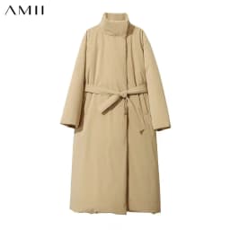 Amii Down Coats 2025 Winter New Solid Color Loose Long Women's Outerwear With Belt High Neck Thicken Warm Down Jacket 12544184