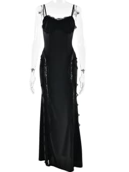 JULISSA MO Patchwork Sexy Sheer Lace Women Maxi Dress Spaghetti Strap High Waist Dress Winter Skinny Elegant Party Evening Dress