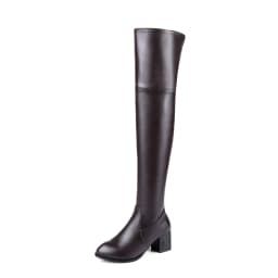 2024 Pure Color Elastic Pu Knee Boots Plus Size Round Toe Thick Heel Side Zipper Warm Inner Sleeve Slip On Long Women's Boots