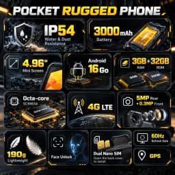 YACDELO ROCK V1 Mini Rugged Phone Compact Size 4.96" Display 3GB 32GB Removable 3000mAh Battery Android 16 GO Light Weight Phone