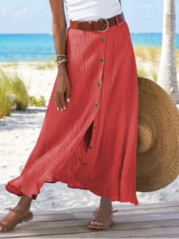 Summer Women's Skirt Cotton Linen Important Button Slit Flower Print Fashion Versatile Vacation Beach Midi Skirt