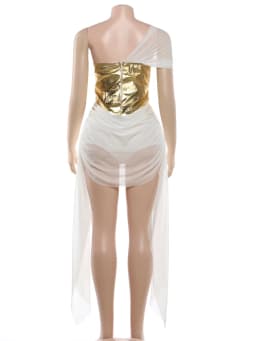 Weird Puss Patchwork Corset Dress Women Zip Irregular Tassel Mesh Ribbon One-Shoulder Birthday Stretch Clubwear Mini Bodycon