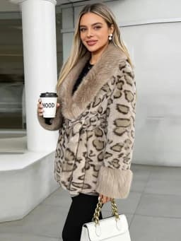 Tie Waist Faux Fur Coat Leopard Pattern Shawl Lapel Furry Cuff Splicing Long Sleeve Loose Chic Jacket 2026 Women's Fashion Coats