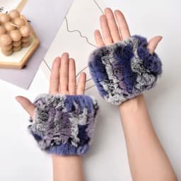 Women's Natural Rex Rabbit Fur Gloves Elastic Knitted Real Fur Mittens Winter Warm Wrist Guards with Exposed Fingers