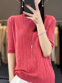 Women New Soft Diamond Letter Design Sweater Half-high Collar Three Quarter Sleeve Pullover Spring Summer Casual Knit Slim Top