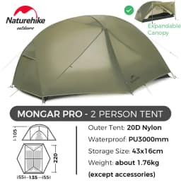 Naturehike Mongar 2 UL/PRO 1-2 Person Backpacking Tent Nylon Waterproof Ultralight Travel Trekking Shelter Tent with Footprint