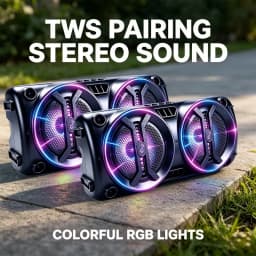 Portable wireless Bluetooth speaker with multi-mode colorful lights. Supports TF card, USB Type-C port and FM radio. Suitable for parties, outdoor camping, square dancing and other occasions. A lovely gift.
