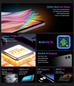 Teclast T50 Plus Tablet PC 11" 2K FHD Display 120Hz Android 16 UNISOC T7280 8GB 128GB 8000mAh Battery 4G LTE Dual SIM GPS