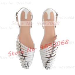 Red Multi Buckle Straps Flat Sandals Women Stylish Back Strap Pointy Toe Comfy Shoes Trendy Belt Buckles Metallic Leather Sandal