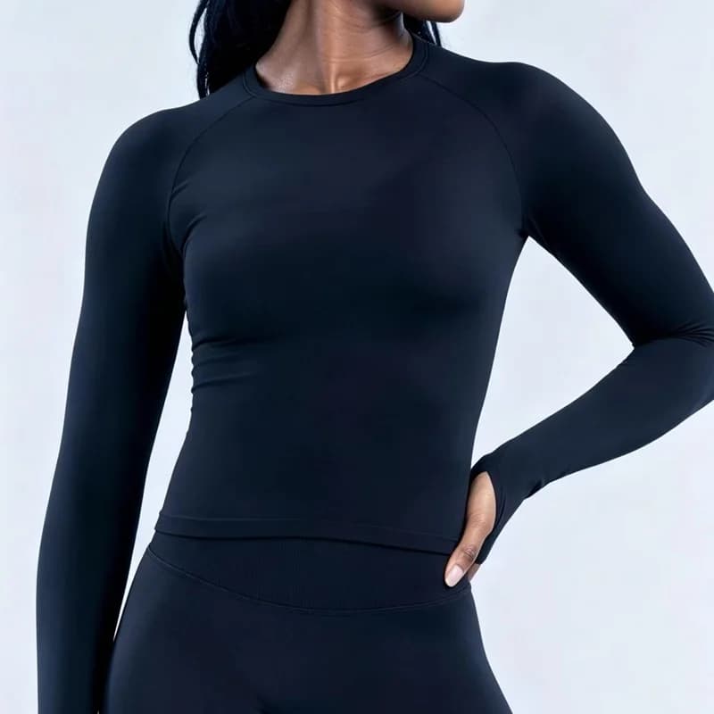 Women Long Sleeve Yoga Top Crew Neck Raglan Thumb Hole Slim Fit Cropped Workout Shirt Seamless Breathable Sports Running Gym Top