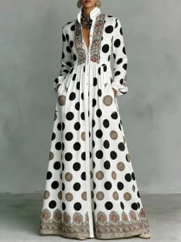 UOOZEE 2026 New Vintage Ethnic Printed Polka Dot Maxi Dresses For Women Long Sleeves Stand Collar High Waisted Party Shirt Dress