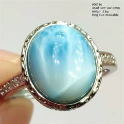 Natural Blue Larimar Oval Adjustable Ring Jewelry Water Pattern Real Larimar For Women Men Healing Fashion Stone AAAAAA