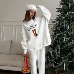 New Cute Bear Printed Oversized Sweatshirt Women Long Sleeve Round Neck Loose White Casual Hoodies Female Clothes Spring 2026