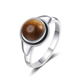 Simple Ring Jewelry Natural Labradorite S925 Silver Round Tiger Eye Moonstone Ring for Women Wedding Party Luxury Gift