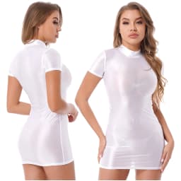 Women's Solid Color Smooth Stretchy Mock Neck Tight Party Dresses Female Dresses Glossy Long Sleeve Bodycon Dress Nightwear