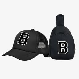 2pcs Kids' 26 letter printed pattern truck hat+chest bag set, stylish casual sunhat, portable storage purse, suitable for daily