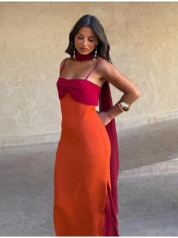 Color Block Twist Bust Slit Maxi Dress Spaghetti Strap Form-Fitting 2026 Summer Fashion Chic Bold Women Wedding Guest Gala Dress