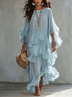 Vintage Flowy Solid Dress Women Round Neck See Through Batwing Sleeve Ruffle Hem Loose Dress New Casual Beach Holiday Maxi Dress