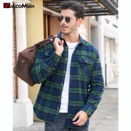 MAGCOMSEN Men's Cotton Flannel Shacket Plaid Shirt Long Sleeve Corduroy Collar 2 Chest Pockets Casual Work Overshirt Outdoor