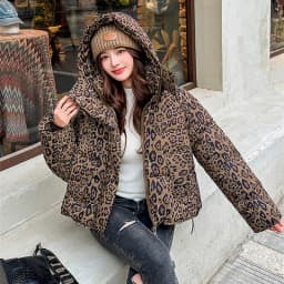 American Leopard Print Hooded Puffer Jacket Women Winter Loose Fit Warm Cotton Jackets Women Fashion Zip Up Thick Padded Parkas