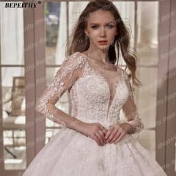 BEPEITHY Customized A Line Glitter Full Sleeves Wedding Dresses 2026 O Neck Court Train Illusion Bride Ivory Beading Bridal Gown