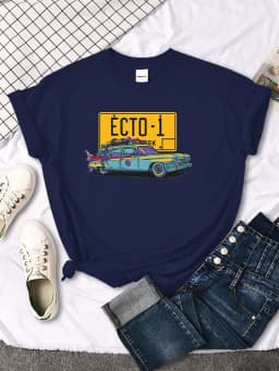 Ghostbusters Car Ecto-1 Print T-Shirt Female Oversized Vintage Fashion Clothing Women Summer Harajuku Shirts Tops Girl T Shirt