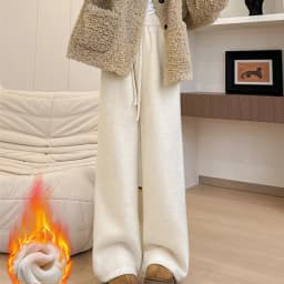 Drawstring High Waist Plush Pants For Women Winter Fleece Straight Wide Leg Casual Pants Woman Loose Thicken Warm Trousers Mujer