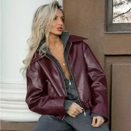Angola Red Leather Jacket Zip Motorbike Jackets Bomber Jacket Fashion Outerwear Autumn Winter Tops Women Clothes Coat Streetwear