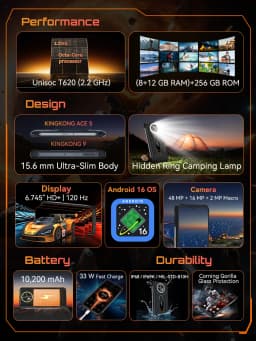 Rugged Smartphone Android 16, Cubot KingKong ACE 5, 20GB RAM(8+12GB), 256GB ROM, 10200mAh Battery, 6.745" 120Hz Screen, 48MP,NFC