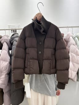 Women's Short Down Coat Knitting Spliced Stand Collar Puffer Jacket Winter Single Breasted Loose Casual Chic Thick Warm Overcoat