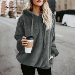 Women Casual Plush Hooded Sweatshirt Half Zip Drawstring Design Long Sleeve Front Kangaroo Pocket Relaxed Winter Pullover