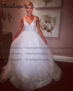 Moonlight Glitter Women's Wedding Dress v neck tailoring Backless wedding dresses gelinlik Arabic Bridal Gown Customized Plus