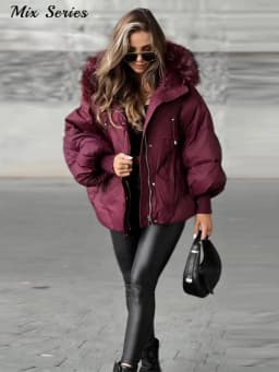 Oversized Faux Fur Hood Padded Jacket Women's Full Sleeve Zippers Loose Coats 2025 Autumn Winter Lady Thick Warm Outerwear