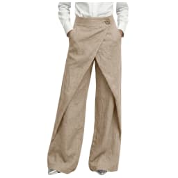 Womens Linen Wrap Wide Leg Pants High Waist Button Decor Asymmetrical Overlap Trousers Casual Loose Fit Office Lady Work Pants