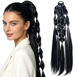 Synthetic 24-inch bubble lantern braided ponytail hair extension light golden Ombre with silver glitter wire women's daily