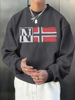 N Artistic Characters And Flag Print Pullover Men Autumn Loose Hoody Casual Fleece Soft Sweatshirt All-Match O-Neck Long Sleeve