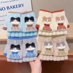 Korean Cute Kids Cartoon Cat Bow Flip Plush Mittens 6-12 Years Old Children Winter Warm Convertible Half Finger Writing Gloves