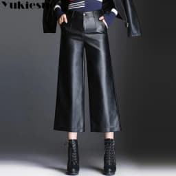 Pu wide leg pants capri women 2022 winter autumn high waist straight leather pants female trousers clothe pantalon femme