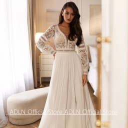 New Boho Wedding Dress for Woman Bride Customized Puff Sleeeves V Neck Lace Applique Chiffon A Line Beach Bridal Gown