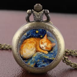 Sleep Cat Watch Black Quartz Pocket Watch Van Gogh's Art Vintage Accessory Women Necklace Pendant Clock Men Gifts for Cat Lover