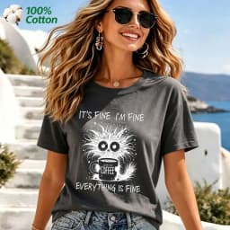 Women's It's Fine I'm Fine Everything Is Fine Cat Print T-Shirt 100% Cotton Funny Casual Short Sleeve Tee