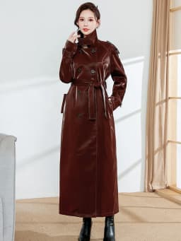 Lautaro Spring Autumn Extra Long Oversized Cool Reflective Shiny Black Patent Leather Trench Coat for Women Belt Runway Fashion