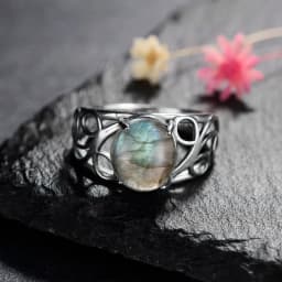 Silver Ring for Women Oval Round Natural Labradorite Ring Gift Sun Shaped Retro Luxury Fine Jewelry