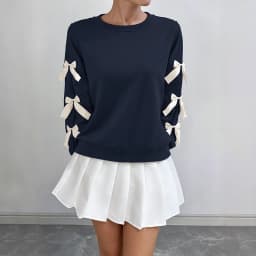 Round Neck Bow Sweatshirt Regular Length Sweet and Fresh with Pullover Patchwork Regular Sleeve Autumn Loose Fit Women Hoodie
