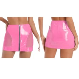 Womens PU Leather Front Zipper Mini Skirt Side Sheer Mesh Patchwork High Waist Bodycon Micro Skirt Wet Look Club Party Miniskirt